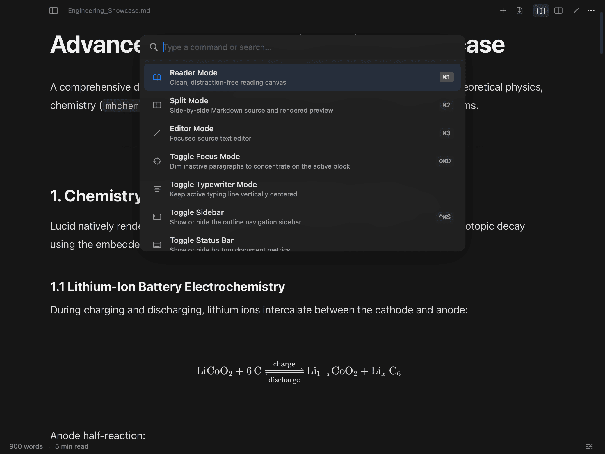 Lucid Command Palette open over document, showing quick actions for view modes, focus mode, and sidebar