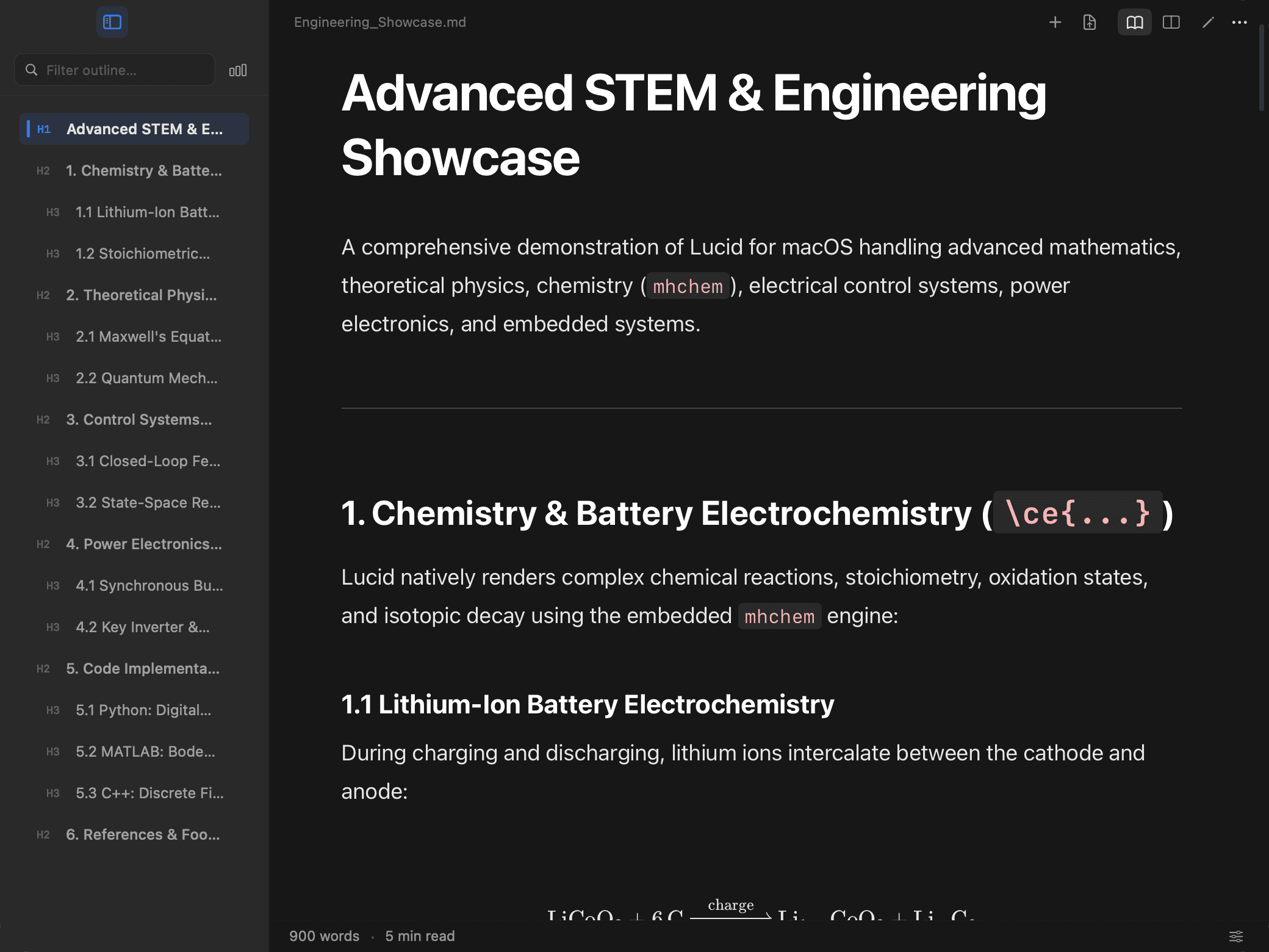 Lucid with Heading Outline sidebar open showing document hierarchy and scroll-spy active section