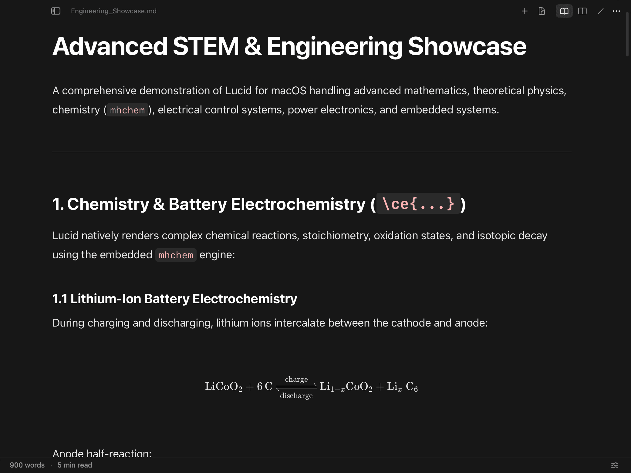 Lucid Reader displaying a STEM technical Markdown document with KaTeX battery electrochemistry equations