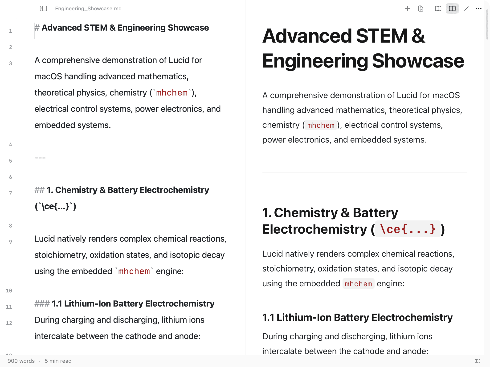 Lucid in Split Mode with Markdown source editor on left and rendered preview on right